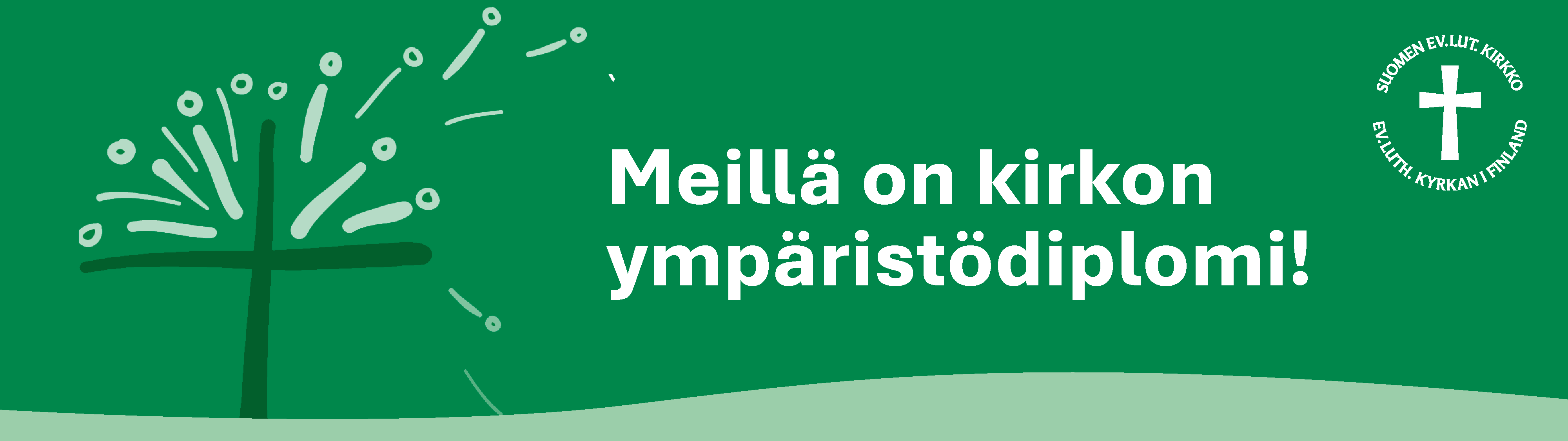 Vihreällä taustalla hiilineutraalikirkon logo, sekä teksti