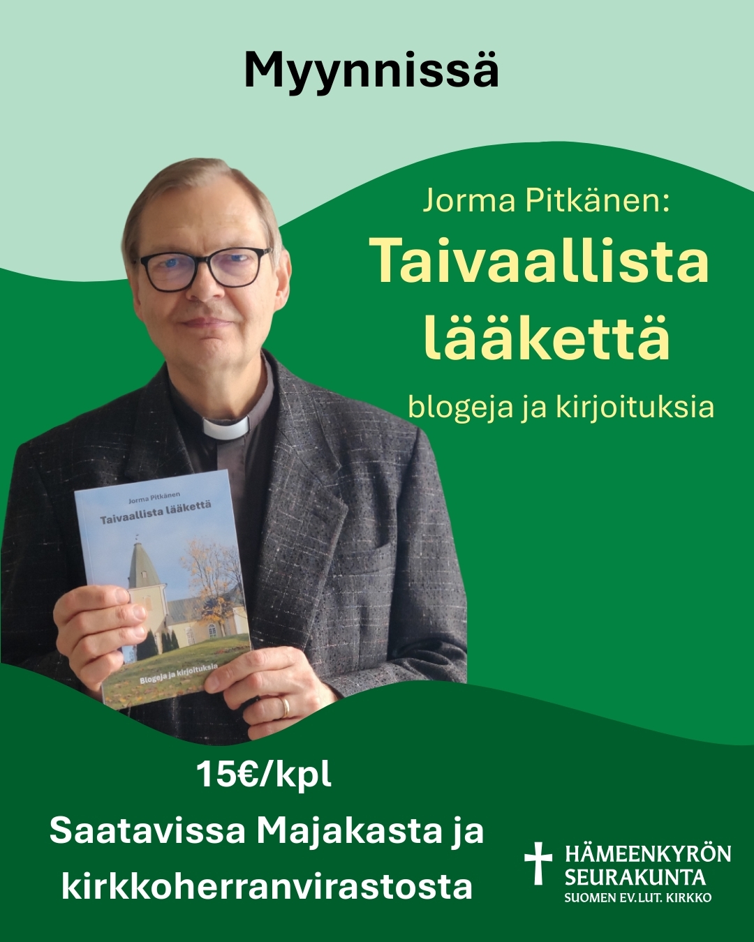 vihreällä taustalla Jorma Pitkänen kädessään kirjoittamansa kirja.