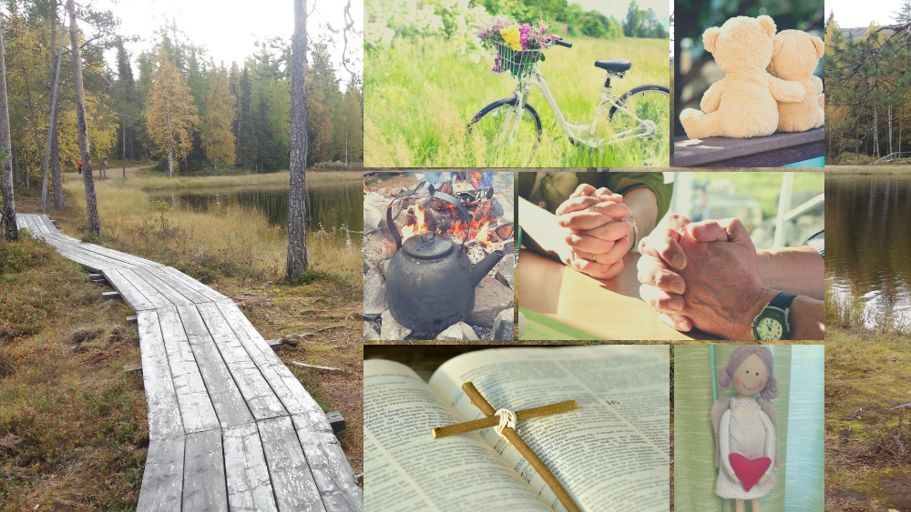 kuvakollaasi jossa pitkospuut,polkupyörä,kaksi nallea,kahvipannu,rukoilevat kädet,Raamattu ja enkeli.