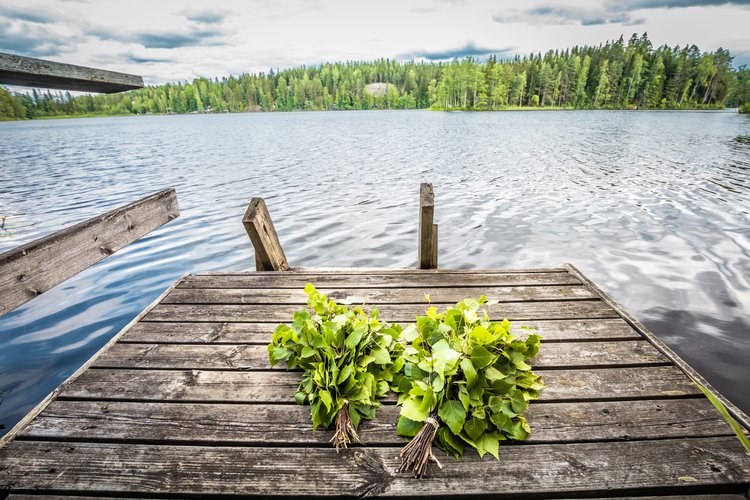 Laituri järven rannassa, vihdat laiturilla.