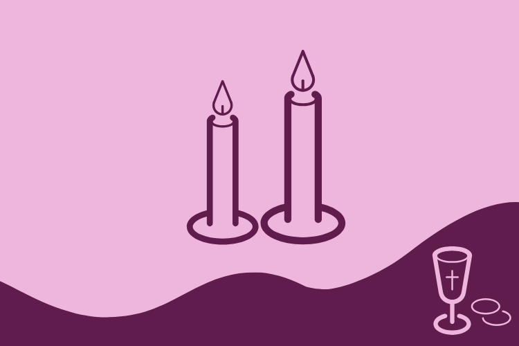 Violetilla pohjalla kaksi kynttilää sekä ehtoollismalja- leipä.