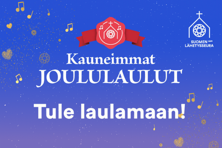 sinisellä tähtitaivas taustalla kultaisia nuotteja ja teksti kauneimmat joululaulut.