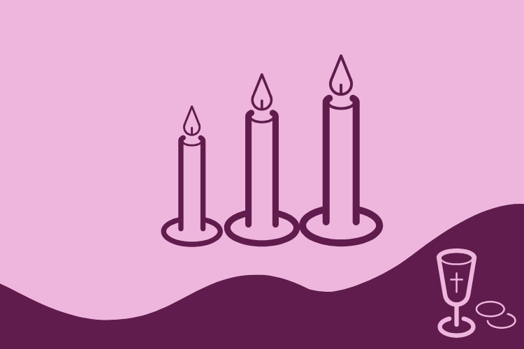 Violetilla pohjalla kolme kynttilää sekä ehtoollismalja- ja leipä.