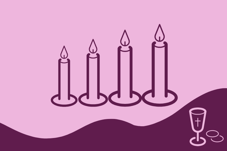 Violetilla pohjalla neljä kynttilää sekä ehtoollismalja- ja leipä.
