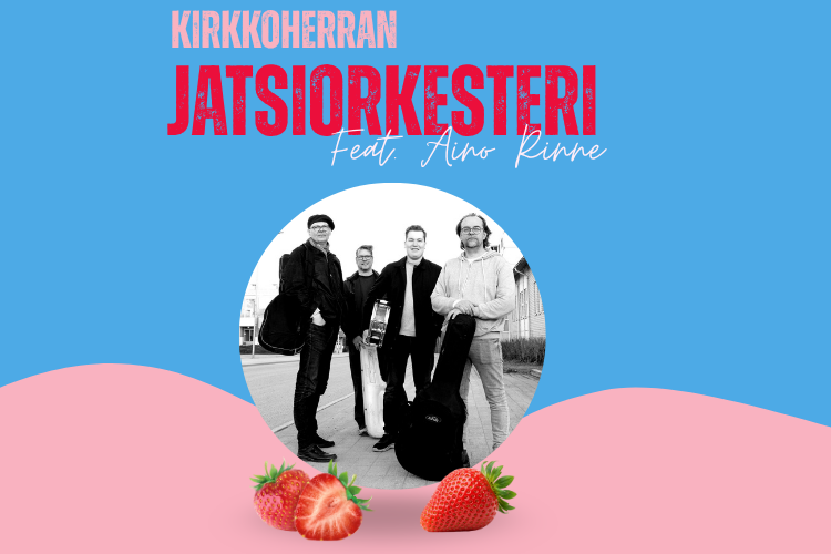 sinisellä taustalla 4 miestä, lisäksi teksti kirkkoherran jatsiorkesteri feat Aino Rinne.