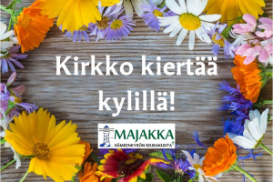 Kesäkukkia joiden keskellä teksti 