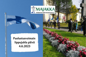 Suomen lippu ja toisessa kuvassa lippu- ja seppelkulkue saapumassa sankairhaudoille. Keskellä Majakan logo ja teksti 