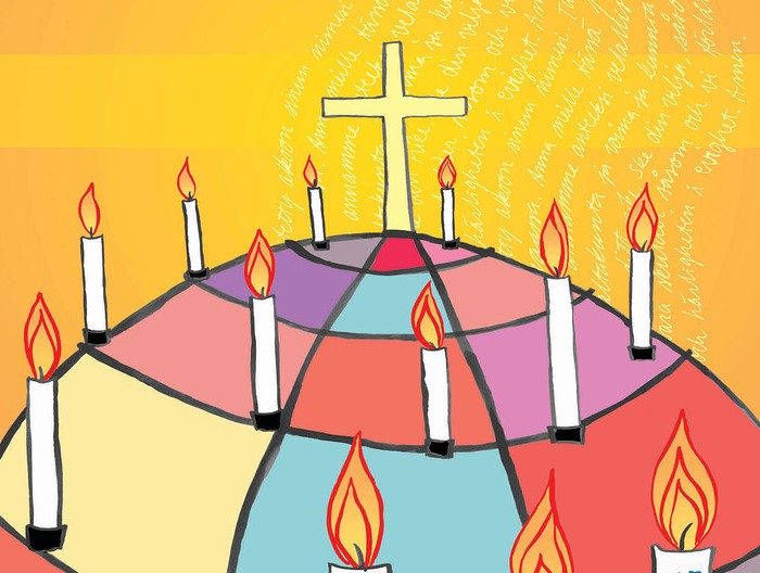 Kuvassa ekumeenisen rukousviikon kuva maapallosta jonka päällä kynttilöitä ja risti
