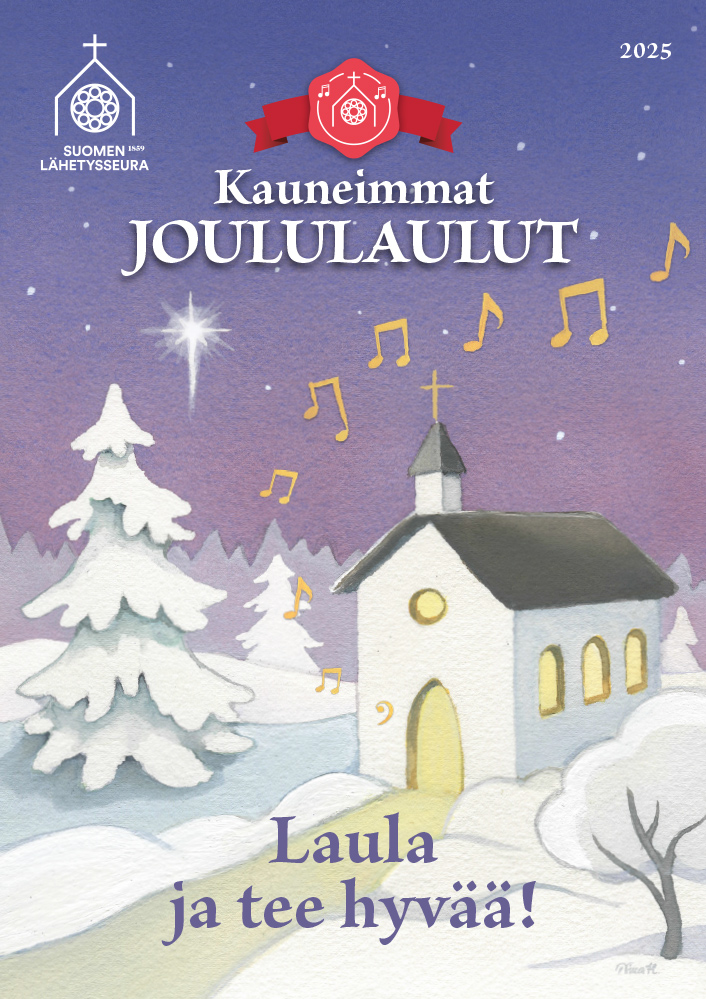 kauneimmat joululauluvihon kansi, jossa valkoinen kirkko, kultaisia nuotteja sekä talvinen piirretty maisema.