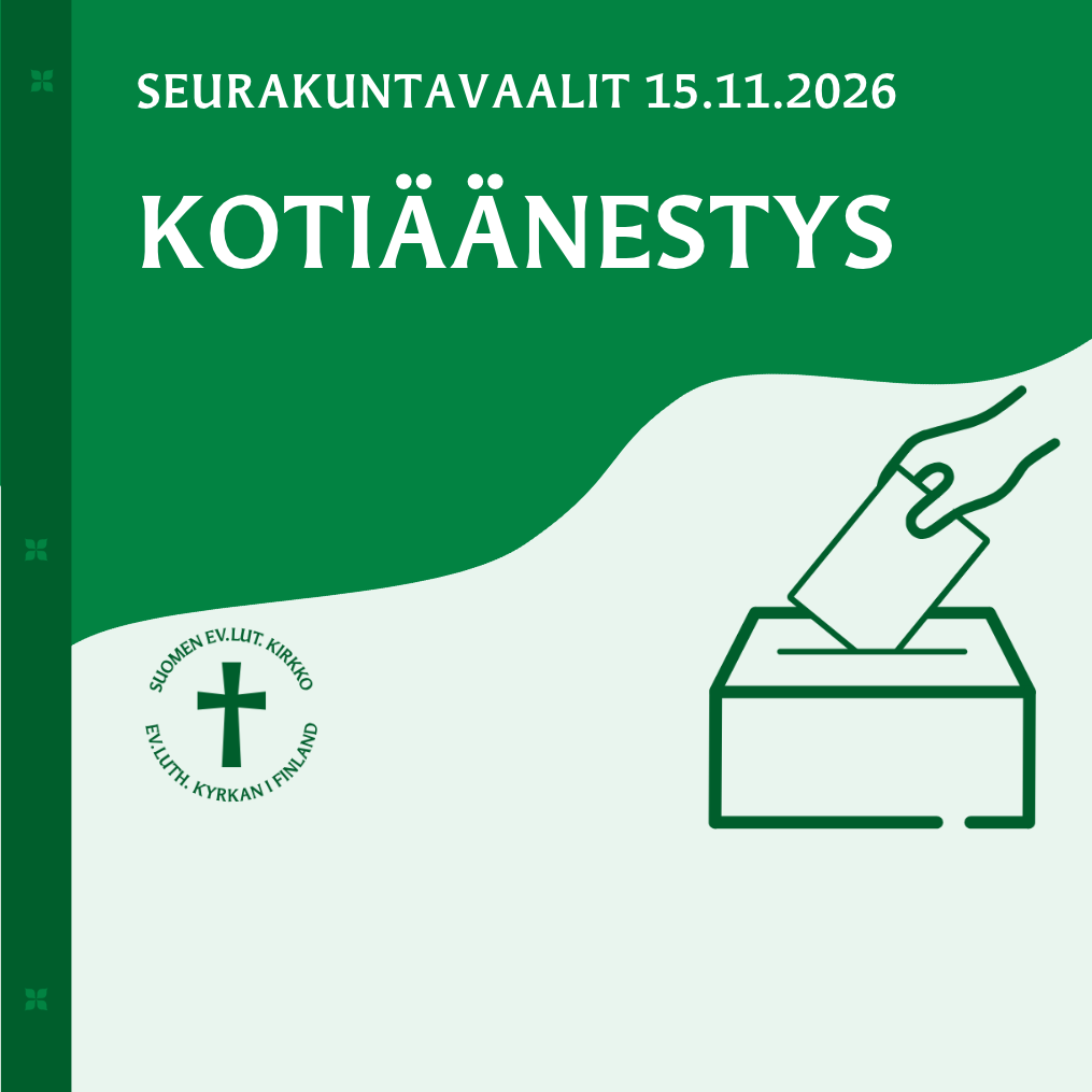 vihreällä taustalla piirretty äänestyslipuke, käsi ja vaaliuurna.